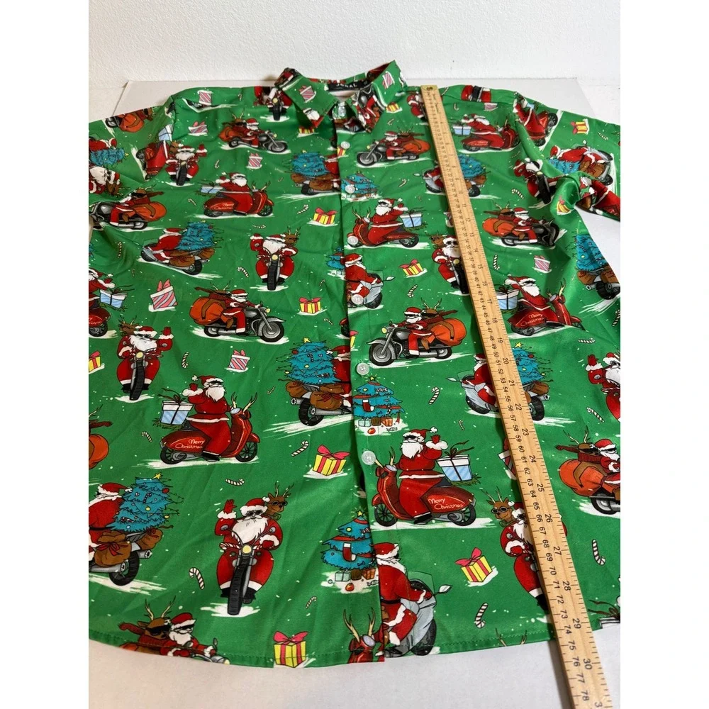 JOGAL Mens Santa Motorcycle Print Short Sleeve Button Up Shirt - XL‎ Festive